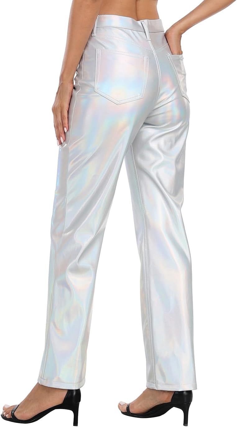 image:imageHDE Womens Metallic Faux Leather Pants High Waisted Straight Leg PocketsHolographic