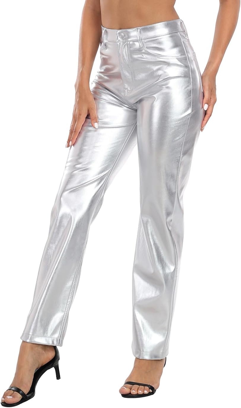 image:imageHDE Womens Metallic Faux Leather Pants High Waisted Straight Leg PocketsSilver