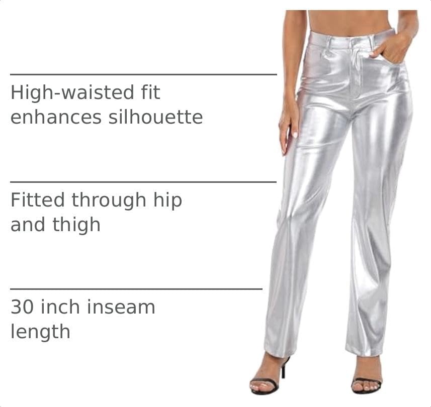 image:imageHDE Womens Metallic Faux Leather Pants High Waisted Straight Leg PocketsSilver