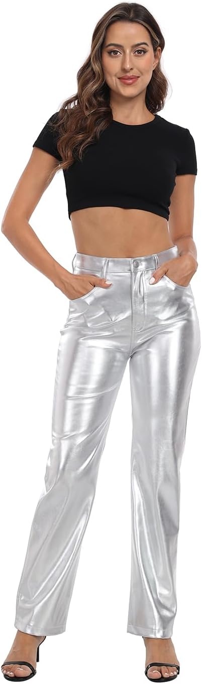 image:imageHDE Womens Metallic Faux Leather Pants High Waisted Straight Leg PocketsSilver