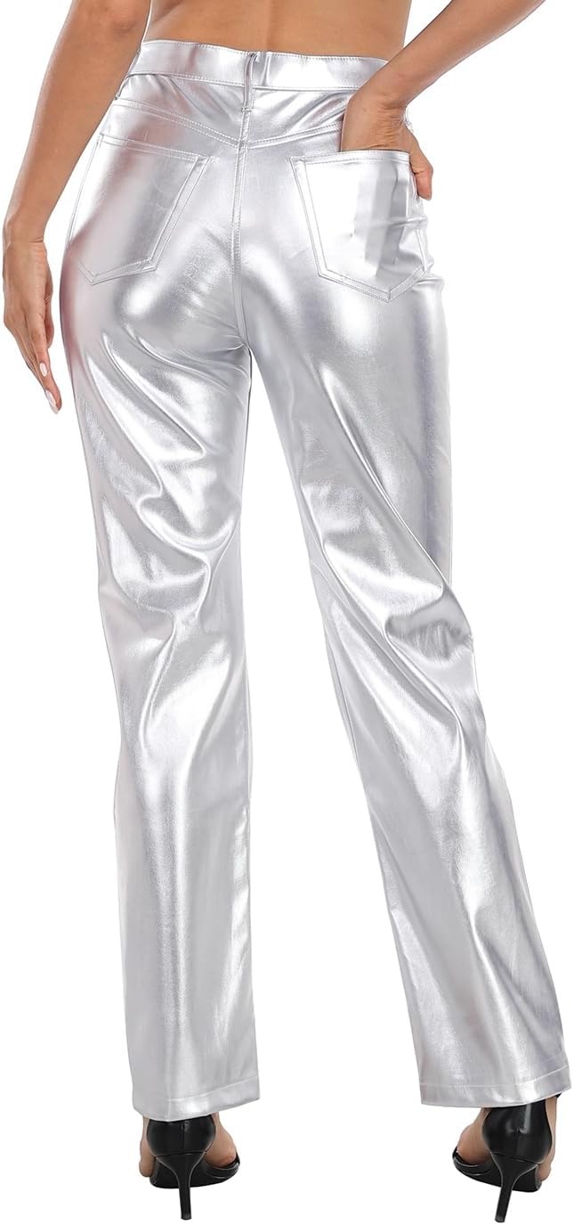 image:imageHDE Womens Metallic Faux Leather Pants High Waisted Straight Leg PocketsSilver
