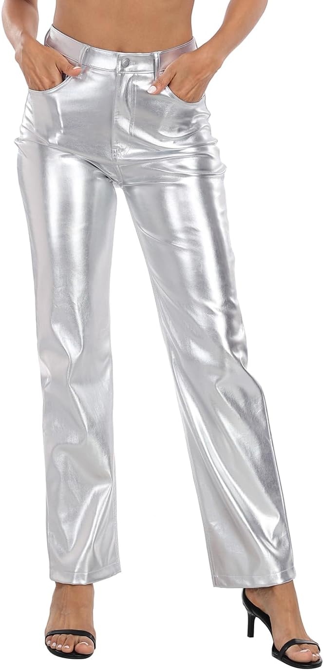 image:imageHDE Womens Metallic Faux Leather Pants High Waisted Straight Leg PocketsSilver