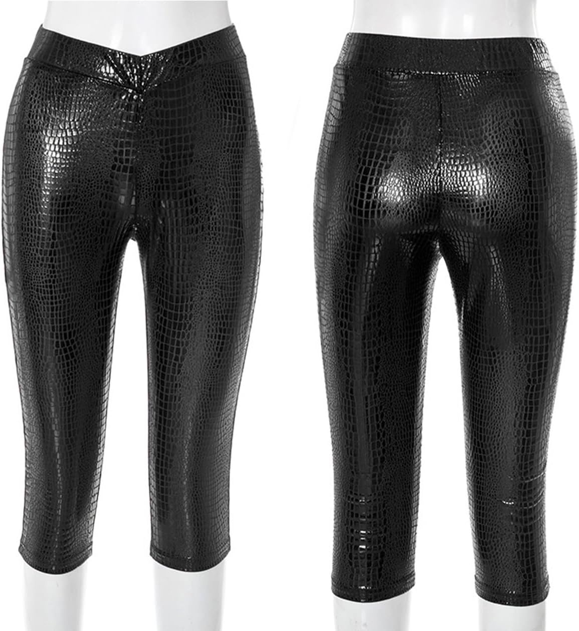 image:imageUnybwonn Women Faux Leather Capri Pants Bodycon Cropped Leggings Pants Crossover Elastic Waist Skinny Low Waisted PantsBlack