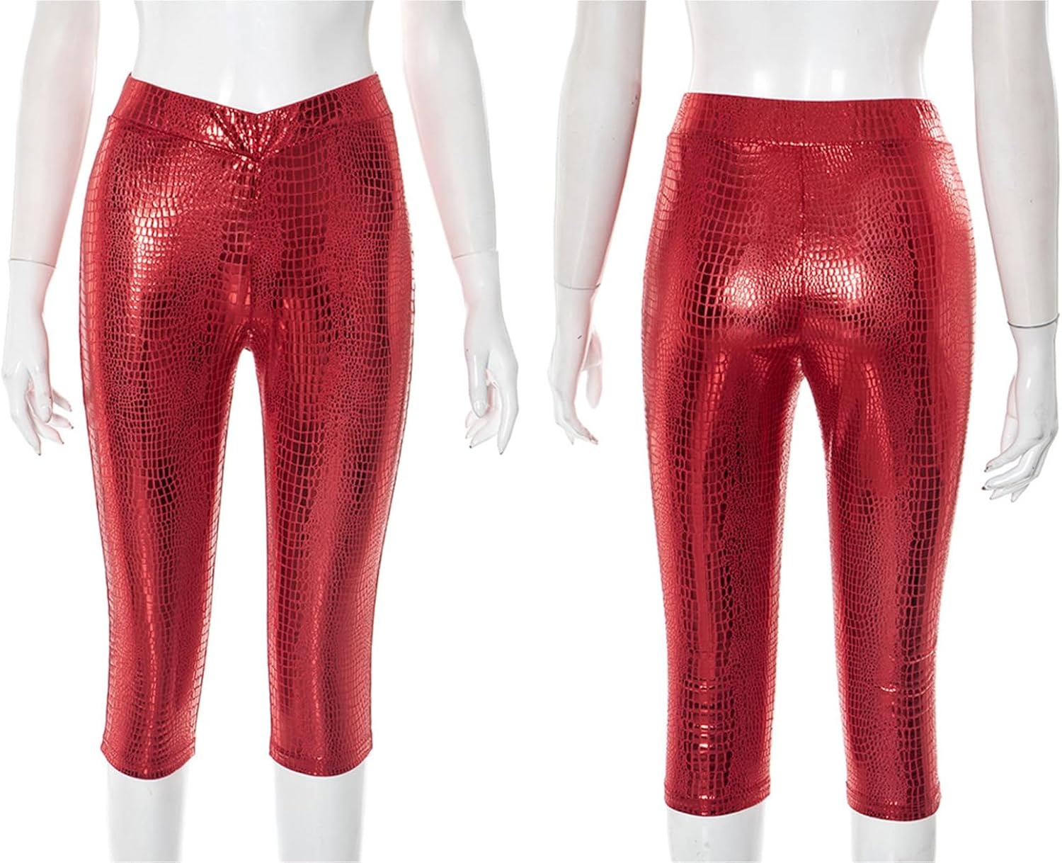 image:imageUnybwonn Women Faux Leather Capri Pants Bodycon Cropped Leggings Pants Crossover Elastic Waist Skinny Low Waisted PantsRed