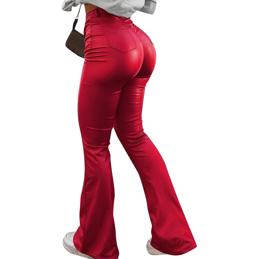 image:imageAvanova Women Faux Leather Flare Pants High Waist Butt LiftingRed