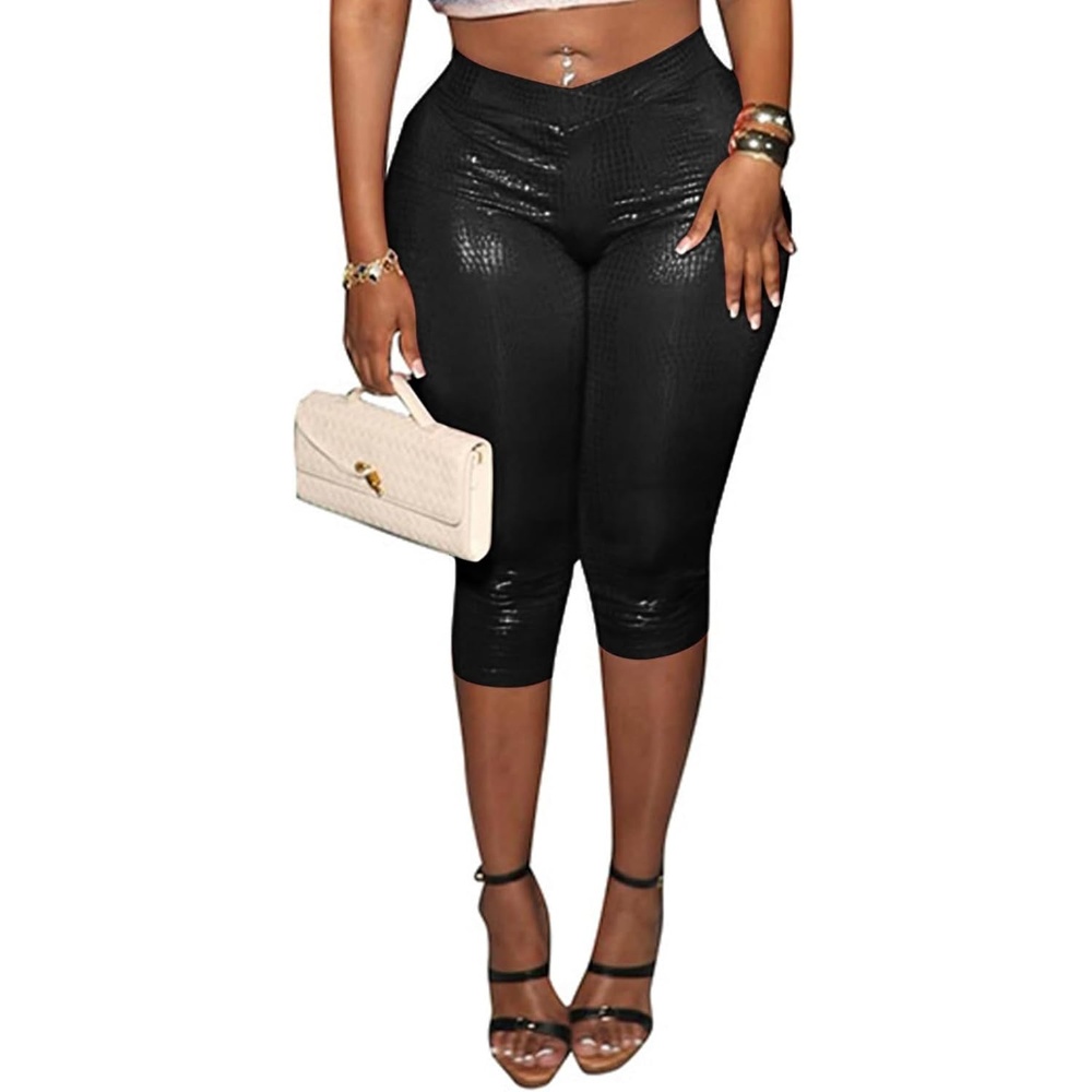 image:imageUnybwonn Women Faux Leather Capri Pants Bodycon Cropped Leggings Pants Crossover Elastic Waist Skinny Low Waisted PantsBlack