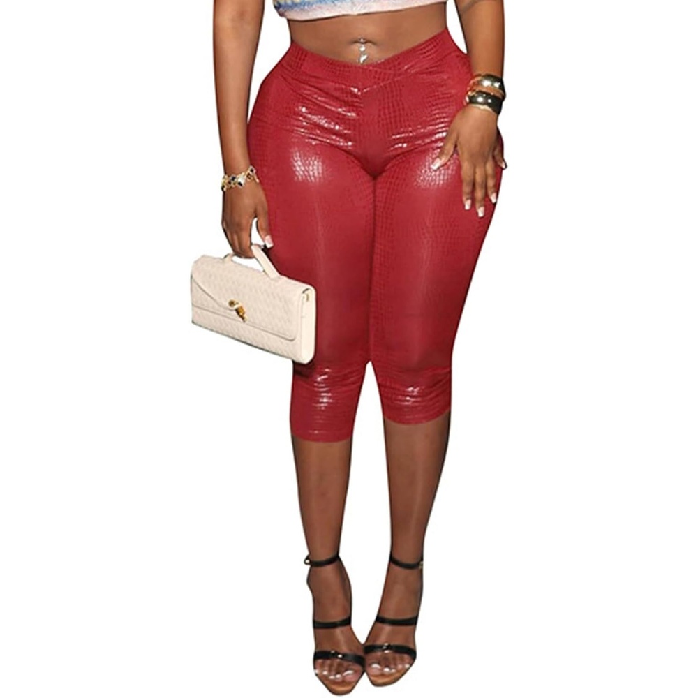 image:imageUnybwonn Women Faux Leather Capri Pants Bodycon Cropped Leggings Pants Crossover Elastic Waist Skinny Low Waisted PantsRed