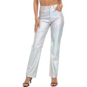 HDE Women’s Metallic Faux Leather Pants High Waisted Straight Leg Pockets(Holographic)