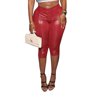 Unybwonn Women Faux Leather Capri Pants Bodycon Cropped Leggings Pants Crossover Elastic Waist Skinny Low Waisted Pants(Red)