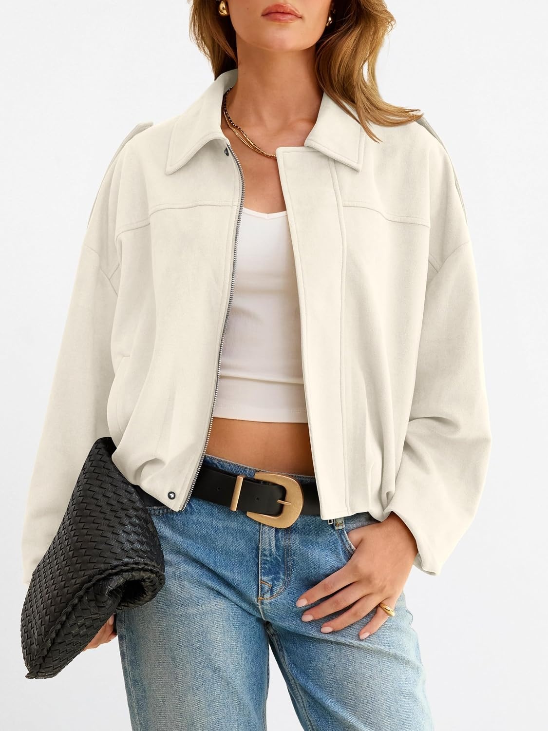image:imageANRABESS Womens Oversized Faux Suede Cropped Bomber JacketBeige