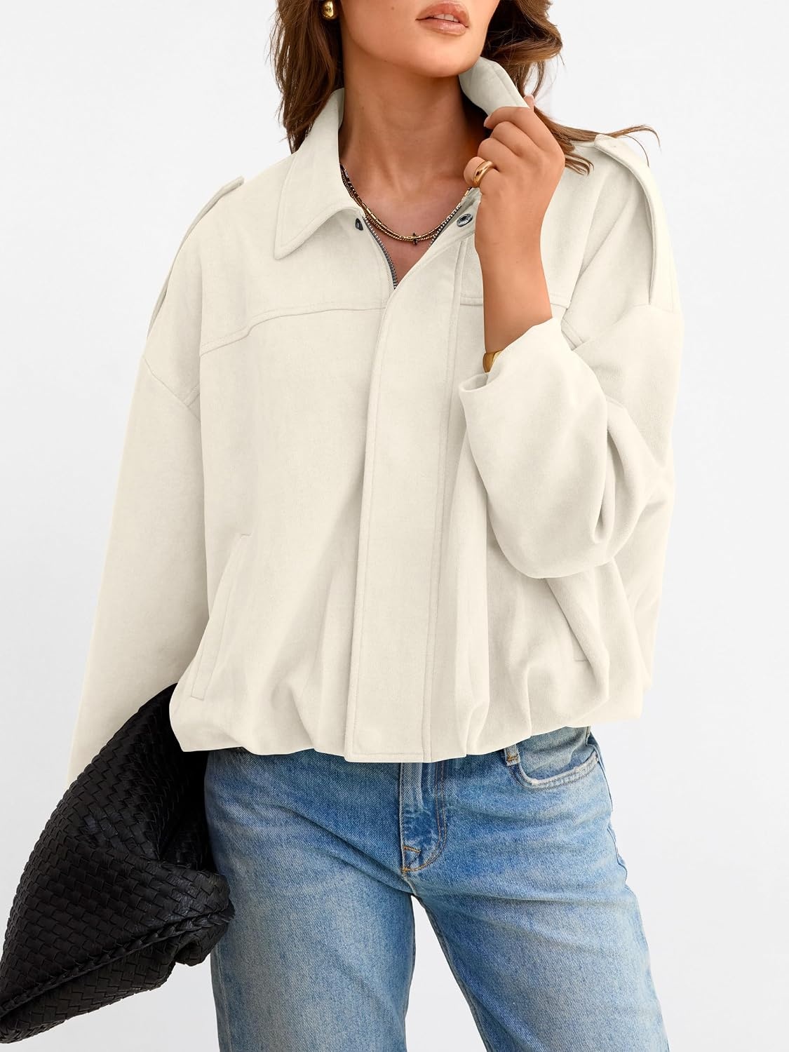 image:imageANRABESS Womens Oversized Faux Suede Cropped Bomber JacketBeige