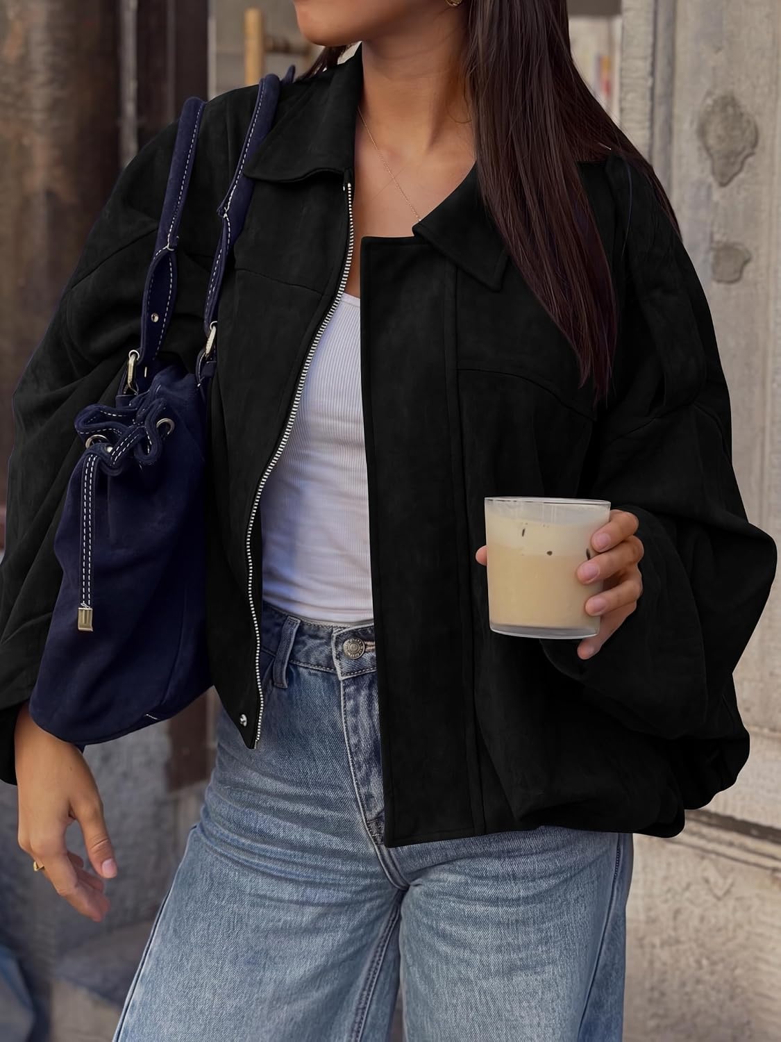image:imageANRABESS Womens Oversized Faux Suede Cropped Bomber JacketBlack