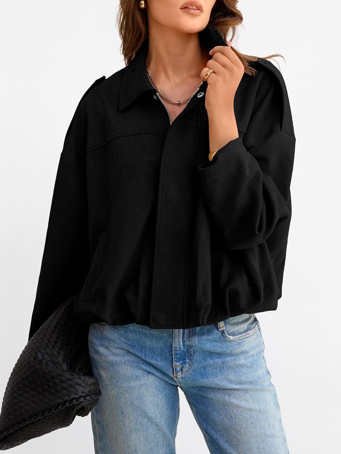 image:imageANRABESS Womens Oversized Faux Suede Cropped Bomber JacketBlack