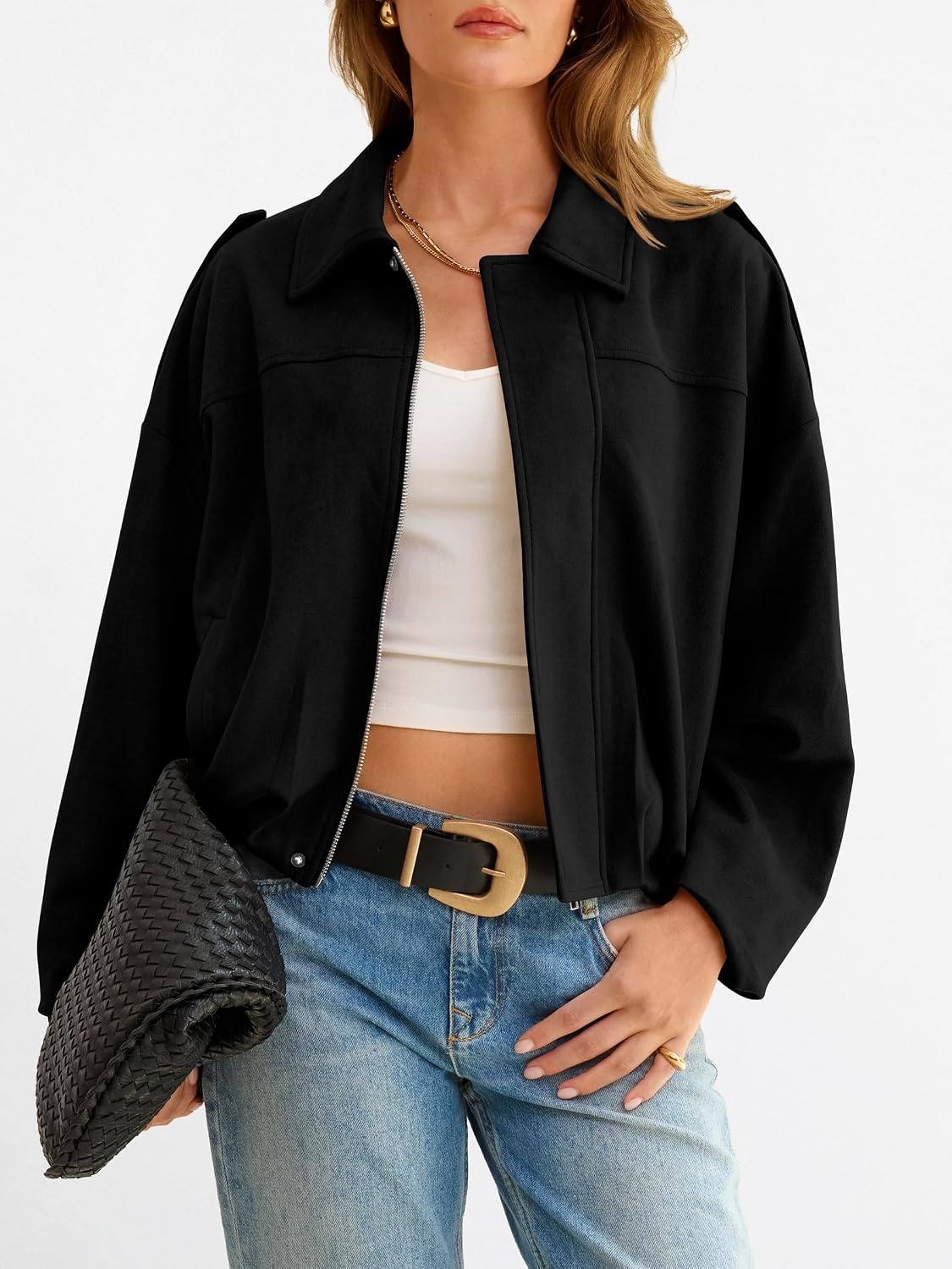 image:imageANRABESS Womens Oversized Faux Suede Cropped Bomber JacketBlack
