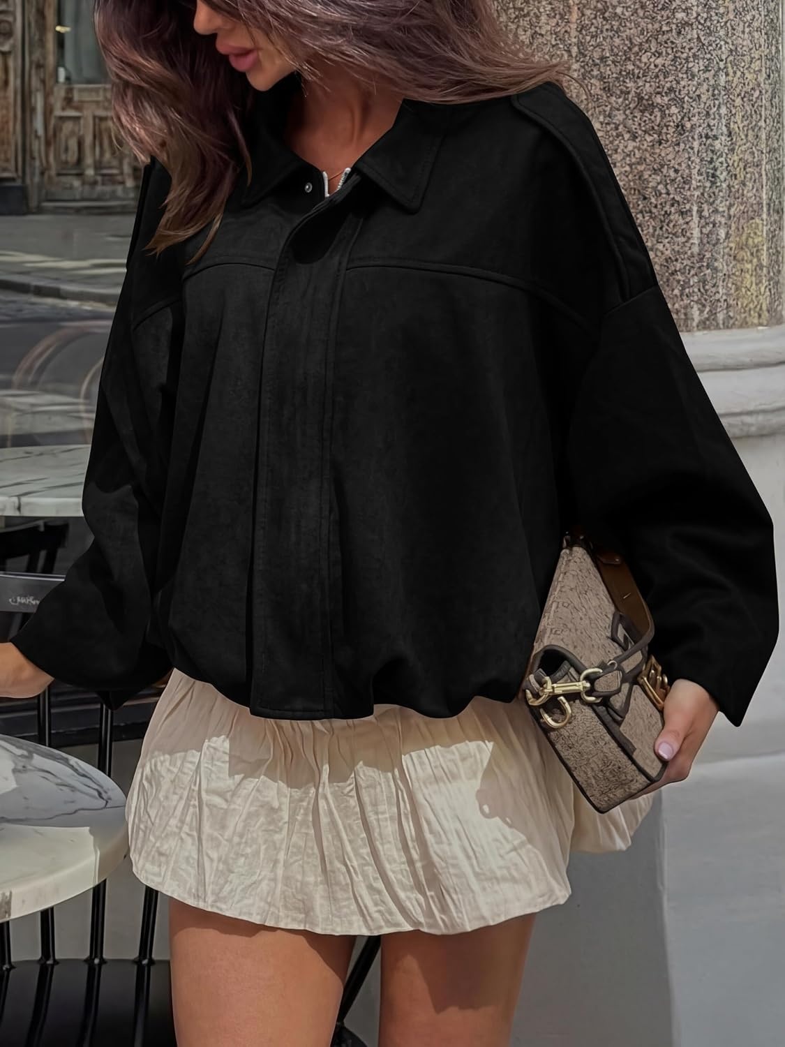 image:imageANRABESS Womens Oversized Faux Suede Cropped Bomber JacketBlack