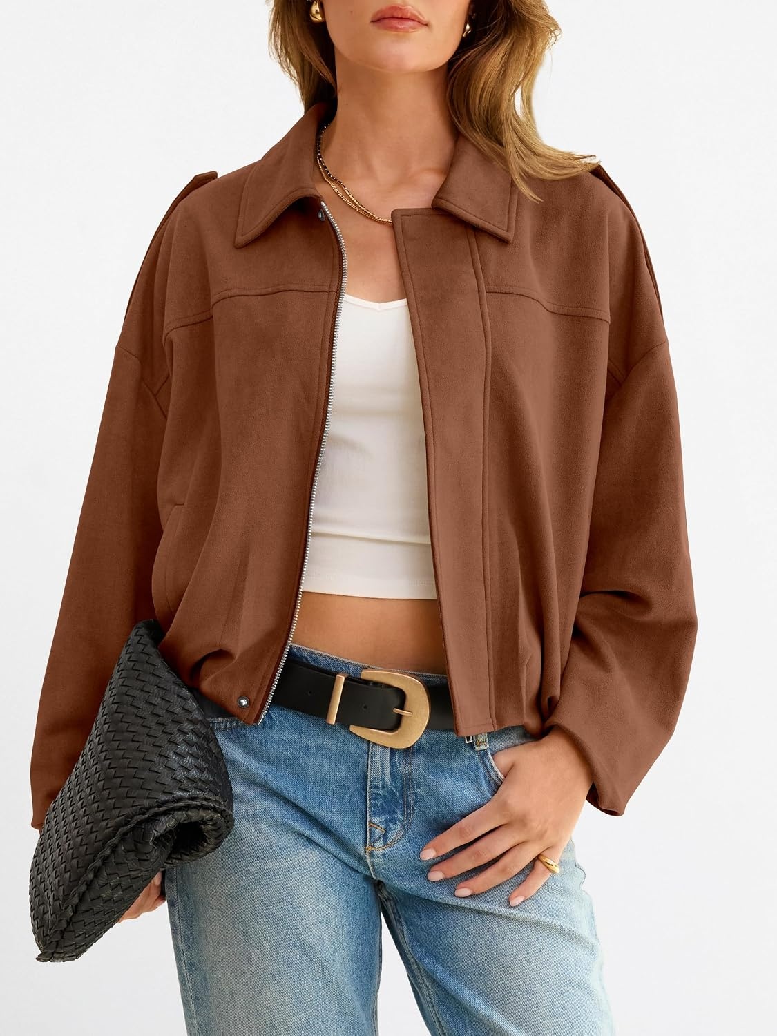 image:imageANRABESS Womens Oversized Faux Suede Cropped Bomber JacketBrown