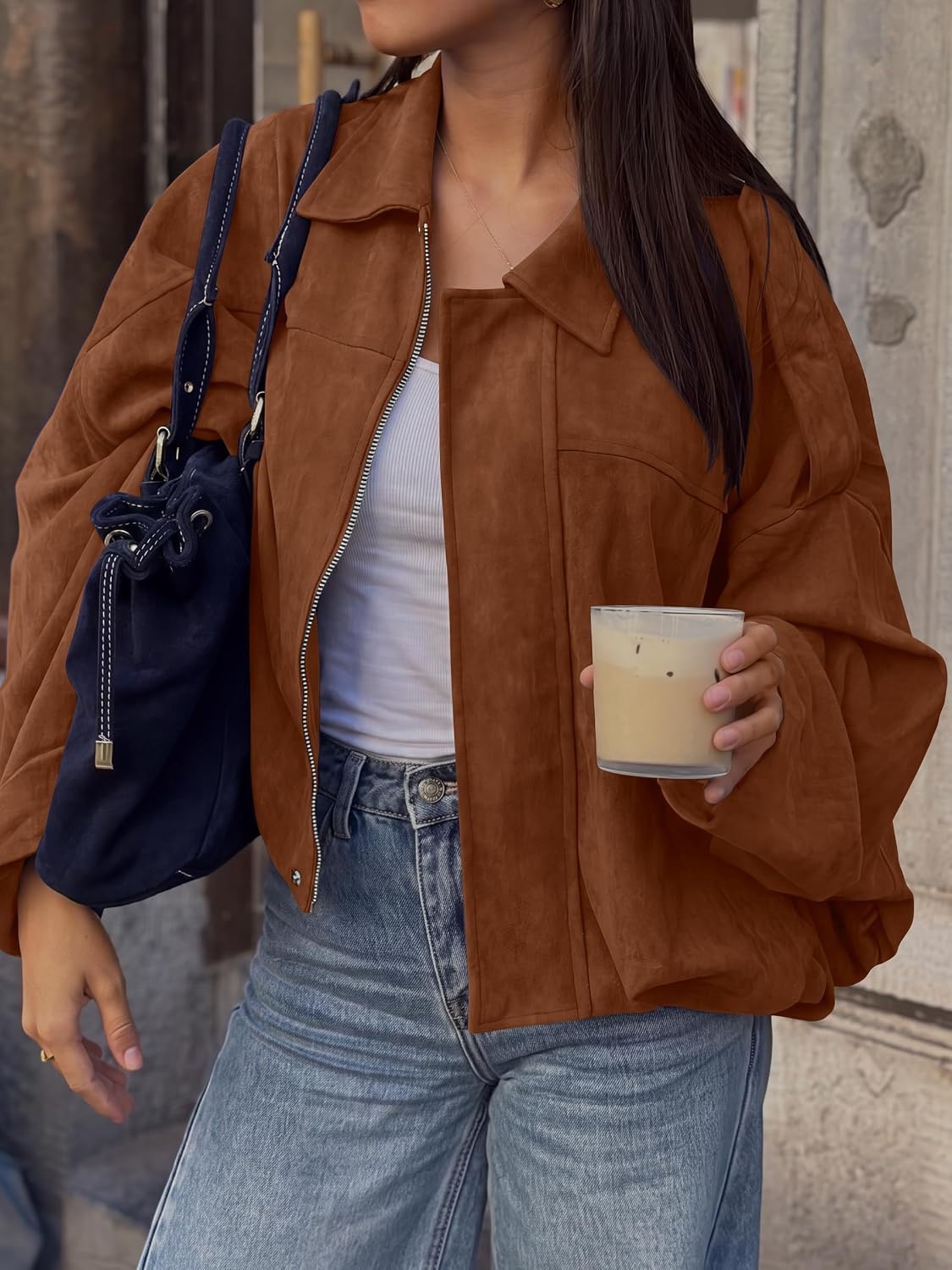 image:imageANRABESS Womens Oversized Faux Suede Cropped Bomber JacketBrown