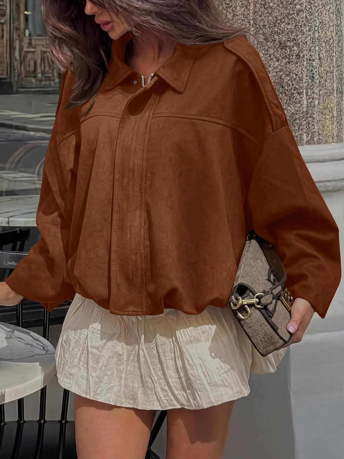 image:imageANRABESS Womens Oversized Faux Suede Cropped Bomber JacketBrown