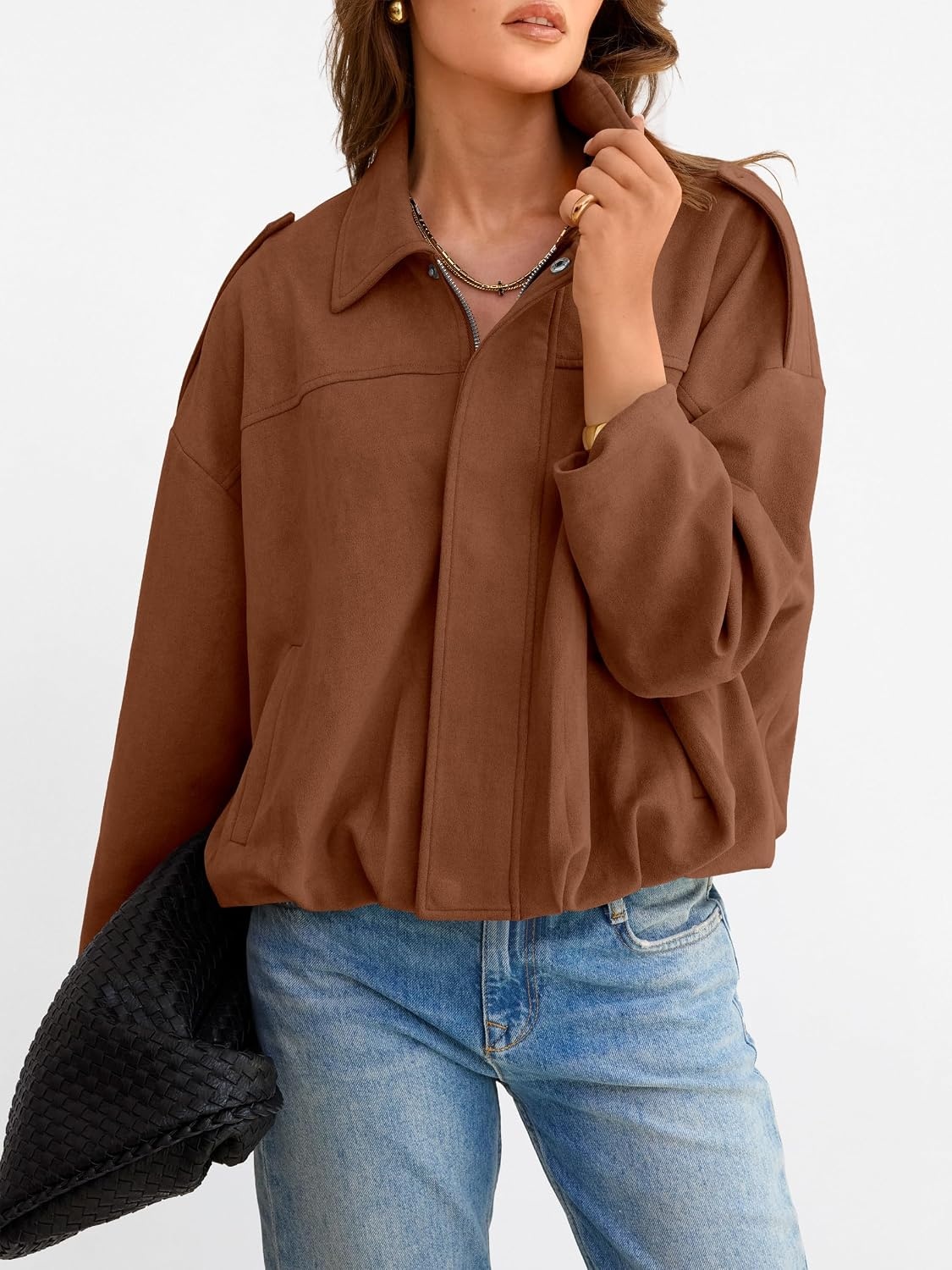 image:imageANRABESS Womens Oversized Faux Suede Cropped Bomber JacketBrown