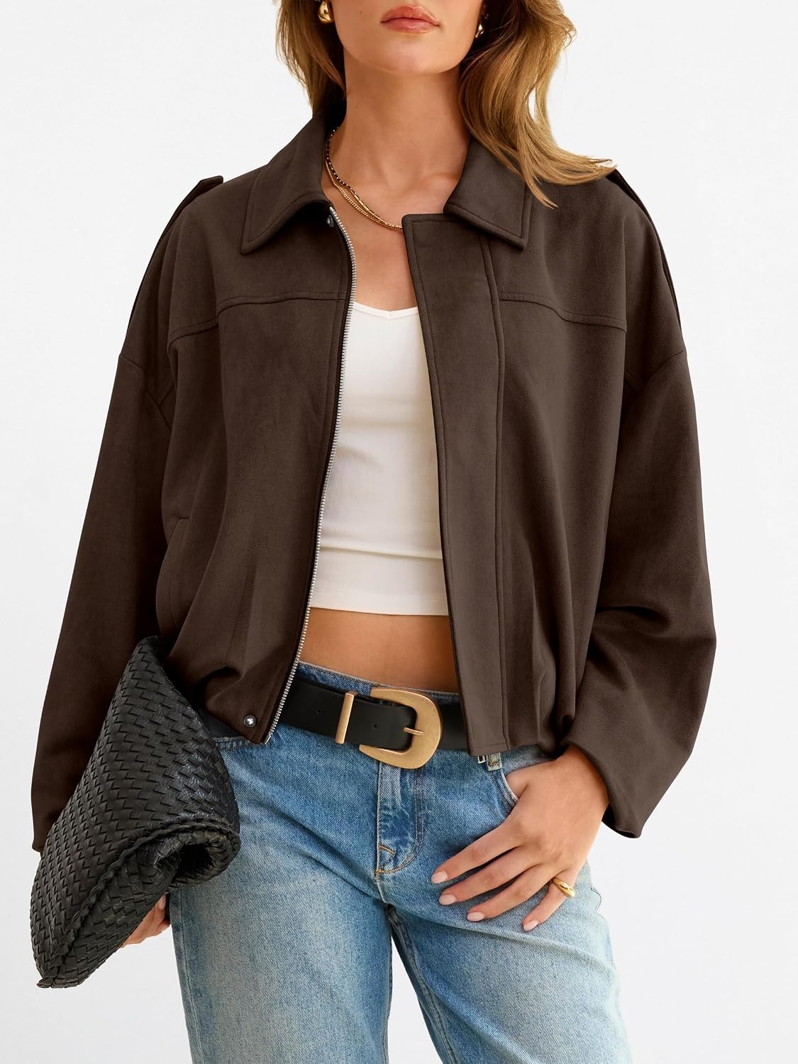 image:imageANRABESS Womens Oversized Faux Suede Cropped Bomber JacketCoffee