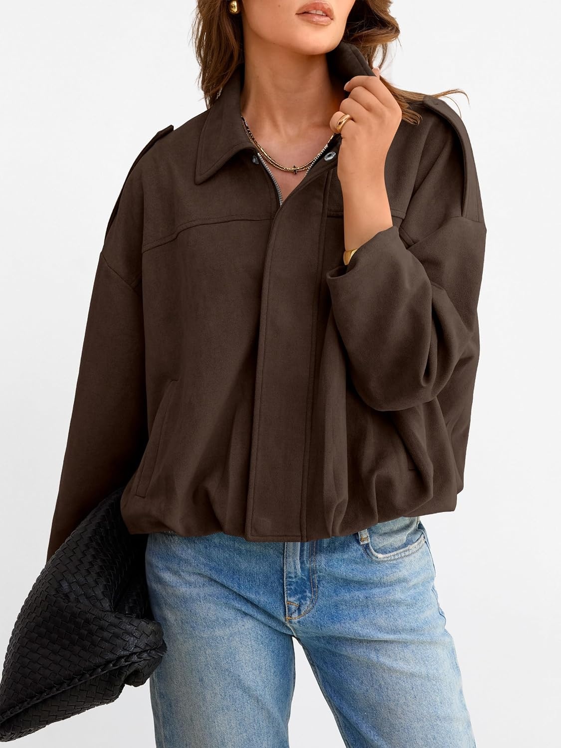 image:imageANRABESS Womens Oversized Faux Suede Cropped Bomber JacketCoffee