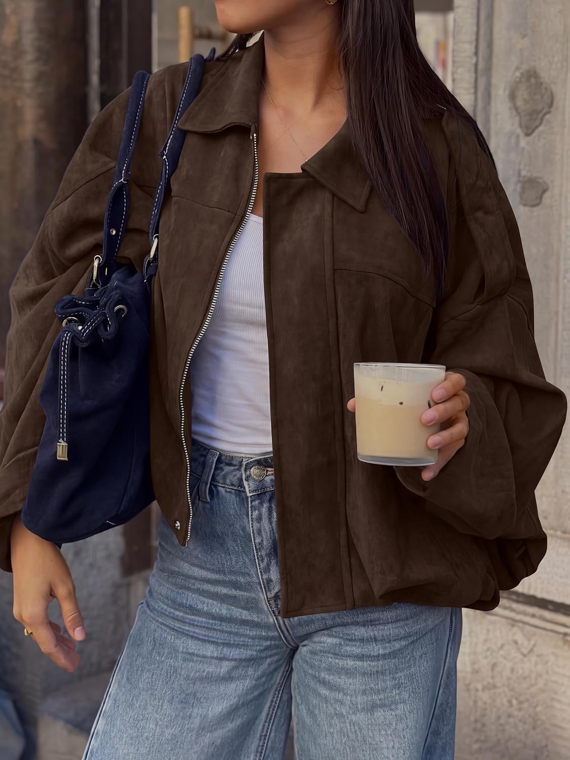 image:imageANRABESS Womens Oversized Faux Suede Cropped Bomber JacketCoffee