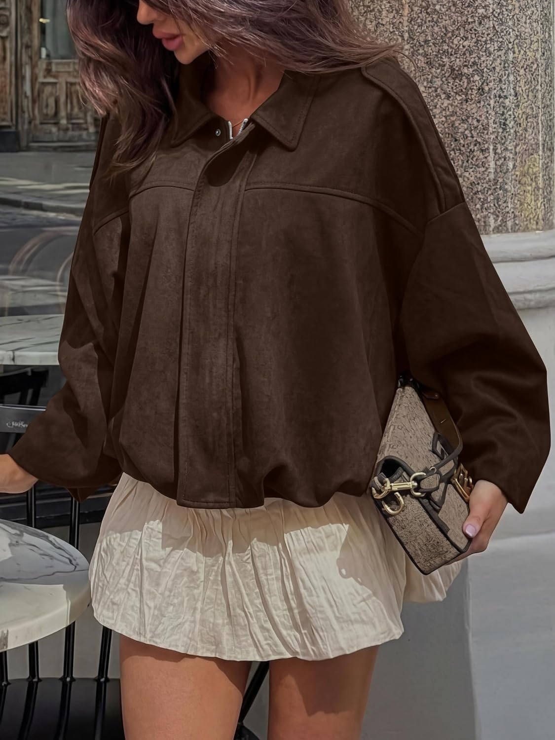 image:imageANRABESS Womens Oversized Faux Suede Cropped Bomber JacketCoffee