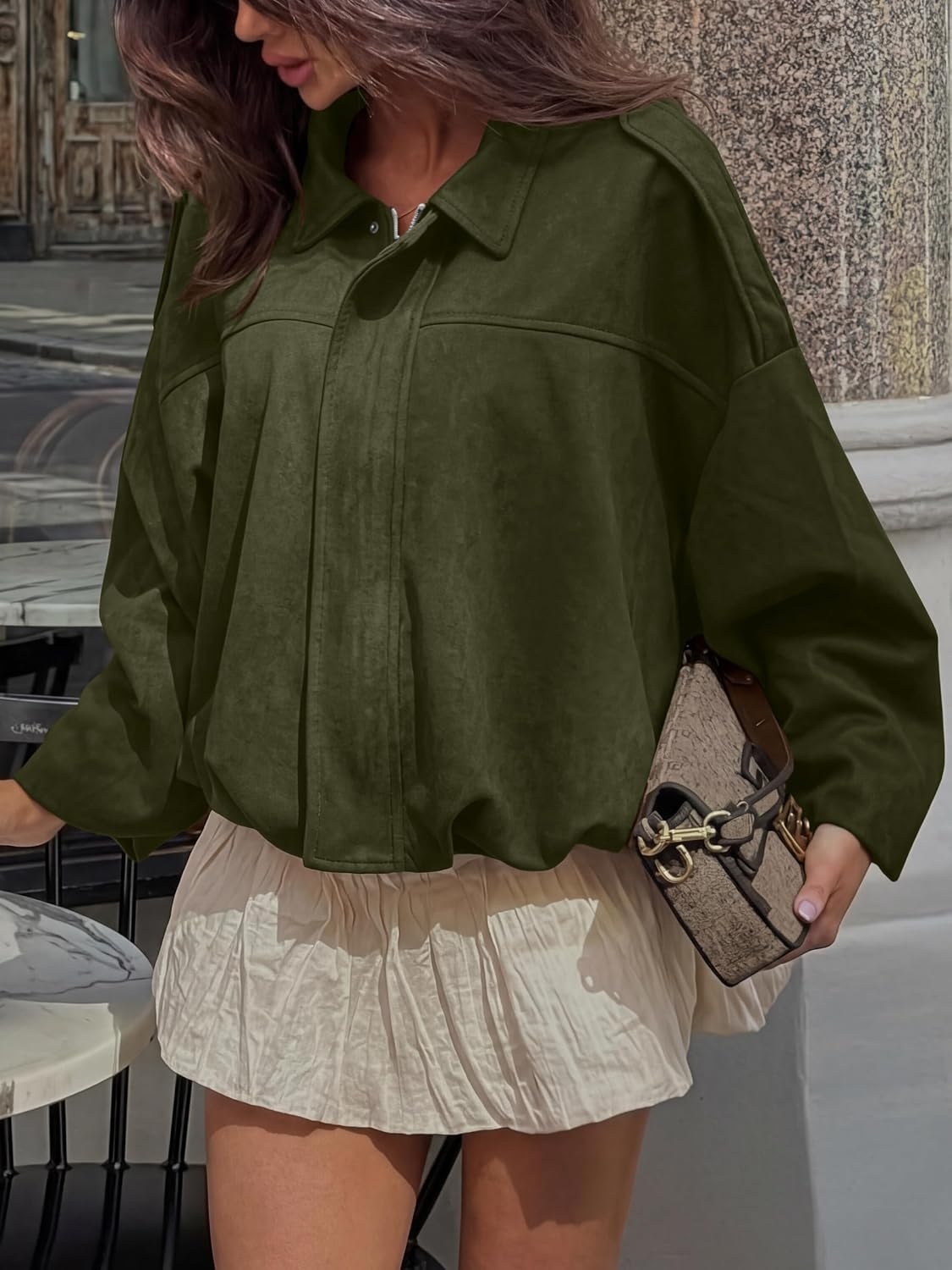 image:imageANRABESS Womens Oversized Faux Suede Cropped Bomber JacketGreen
