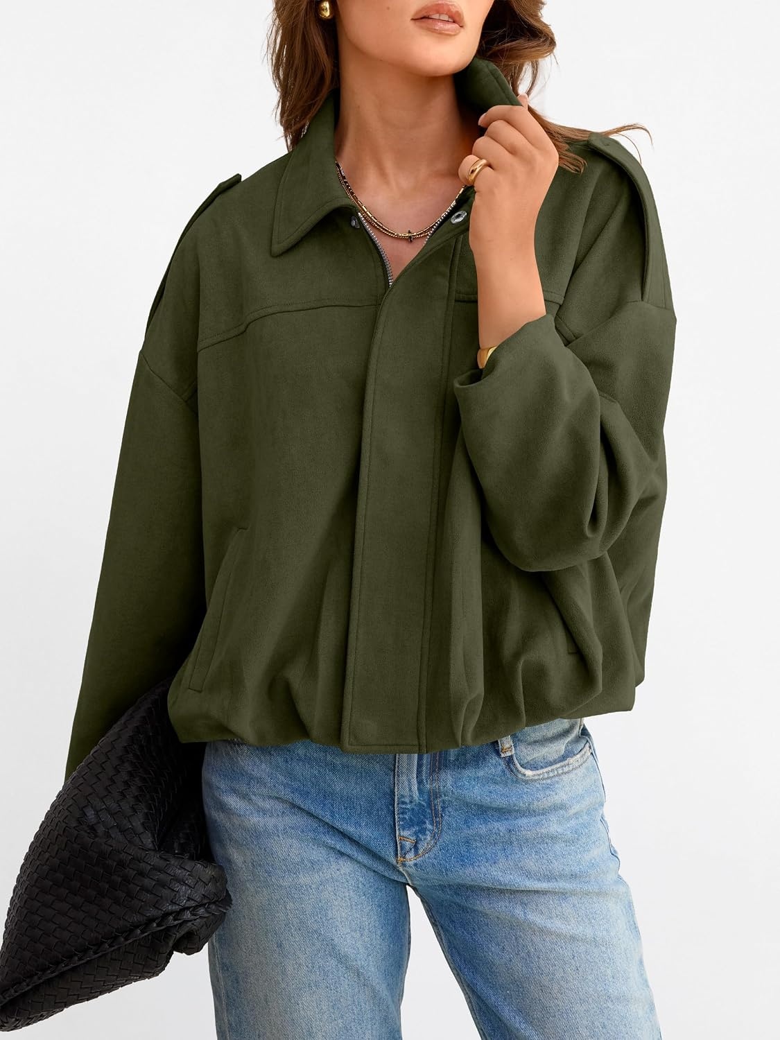 image:imageANRABESS Womens Oversized Faux Suede Cropped Bomber JacketGreen