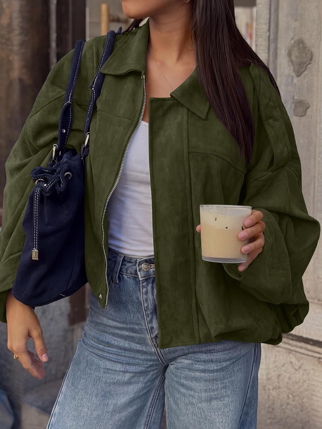 image:imageANRABESS Womens Oversized Faux Suede Cropped Bomber JacketGreen