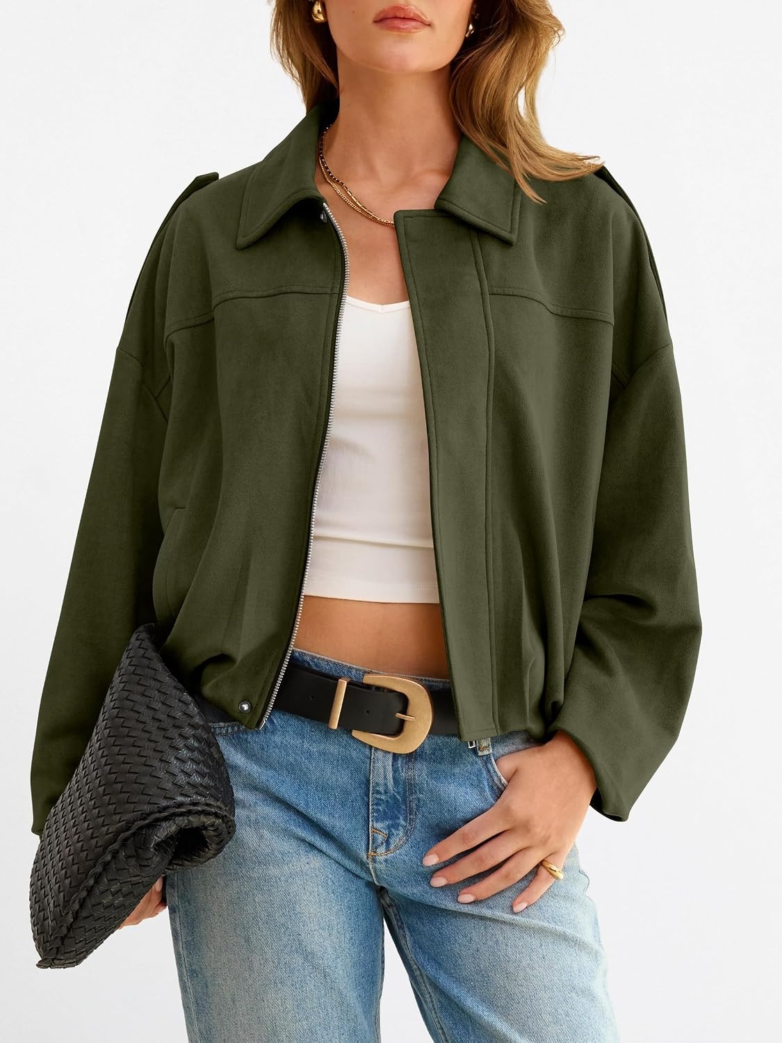 image:imageANRABESS Womens Oversized Faux Suede Cropped Bomber JacketGreen