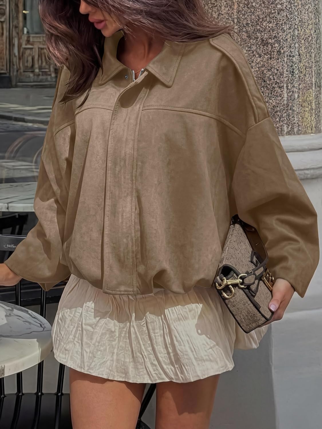image:imageANRABESS Womens Oversized Faux Suede Cropped Bomber JacketKhaki