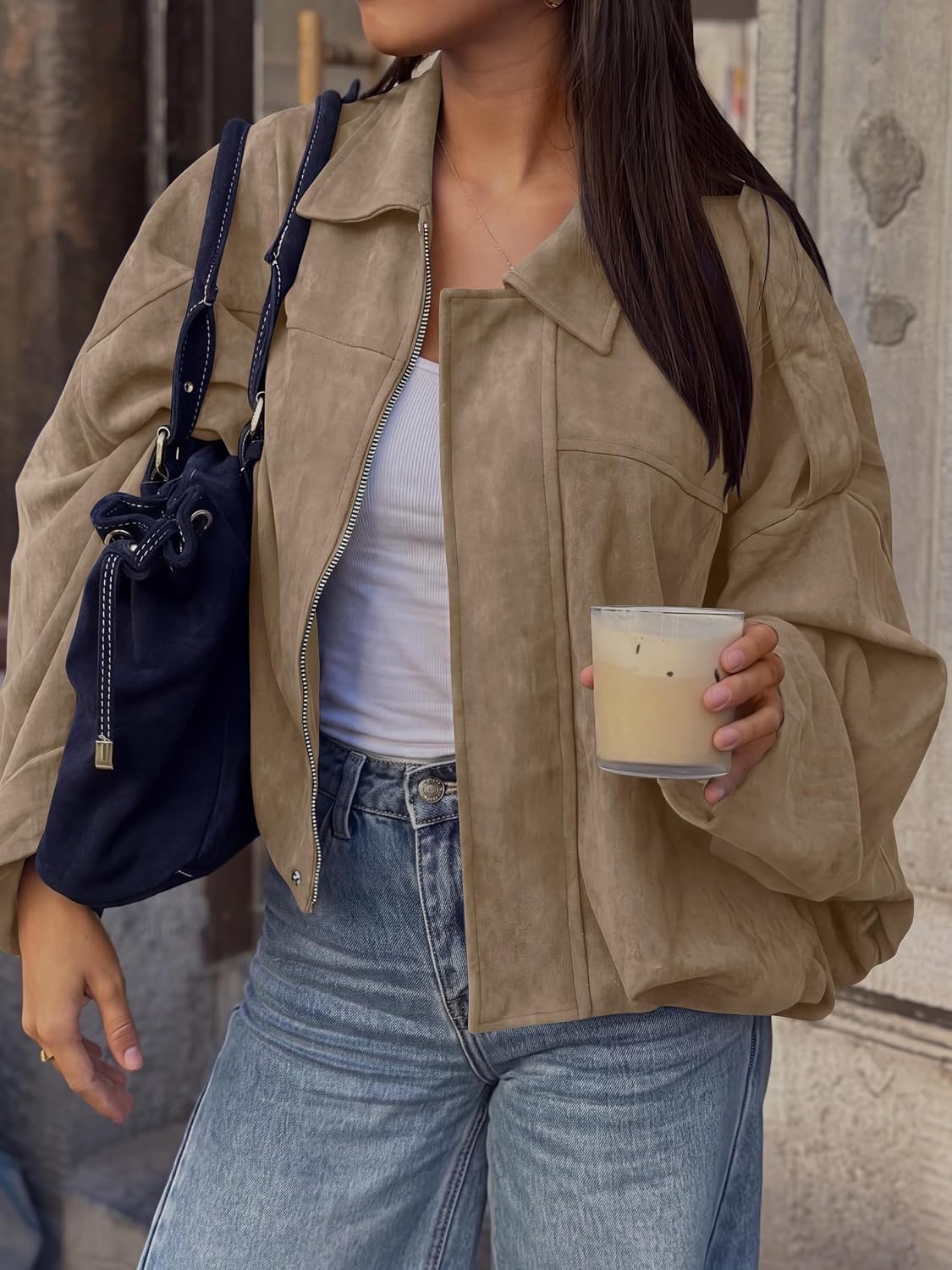 image:imageANRABESS Womens Oversized Faux Suede Cropped Bomber JacketKhaki