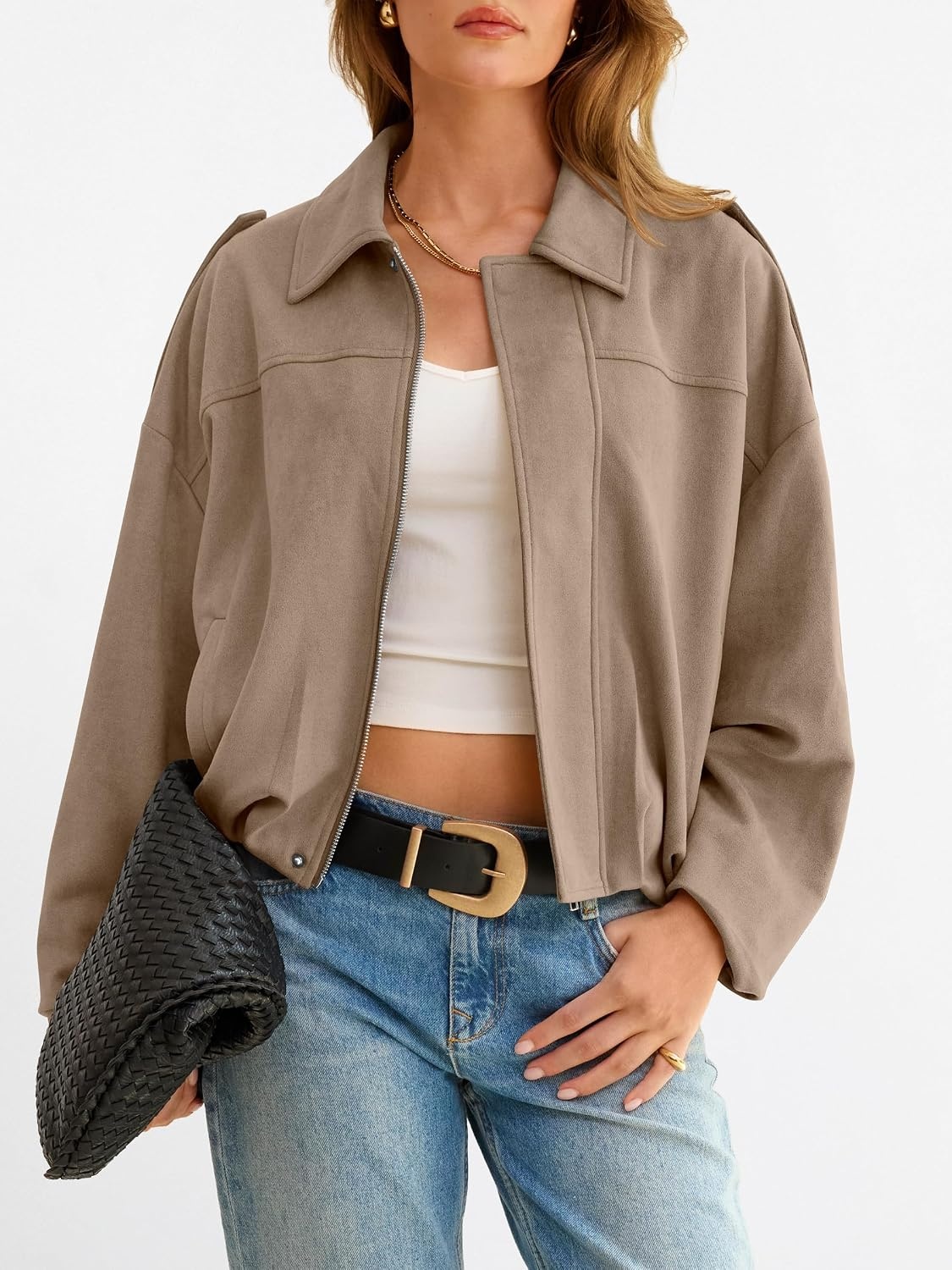 image:imageANRABESS Womens Oversized Faux Suede Cropped Bomber JacketKhaki