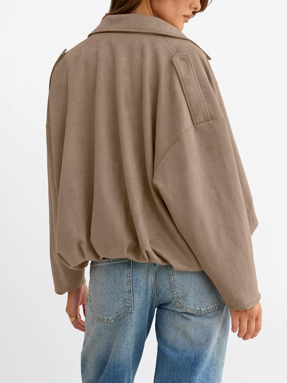image:imageANRABESS Womens Oversized Faux Suede Cropped Bomber JacketKhaki