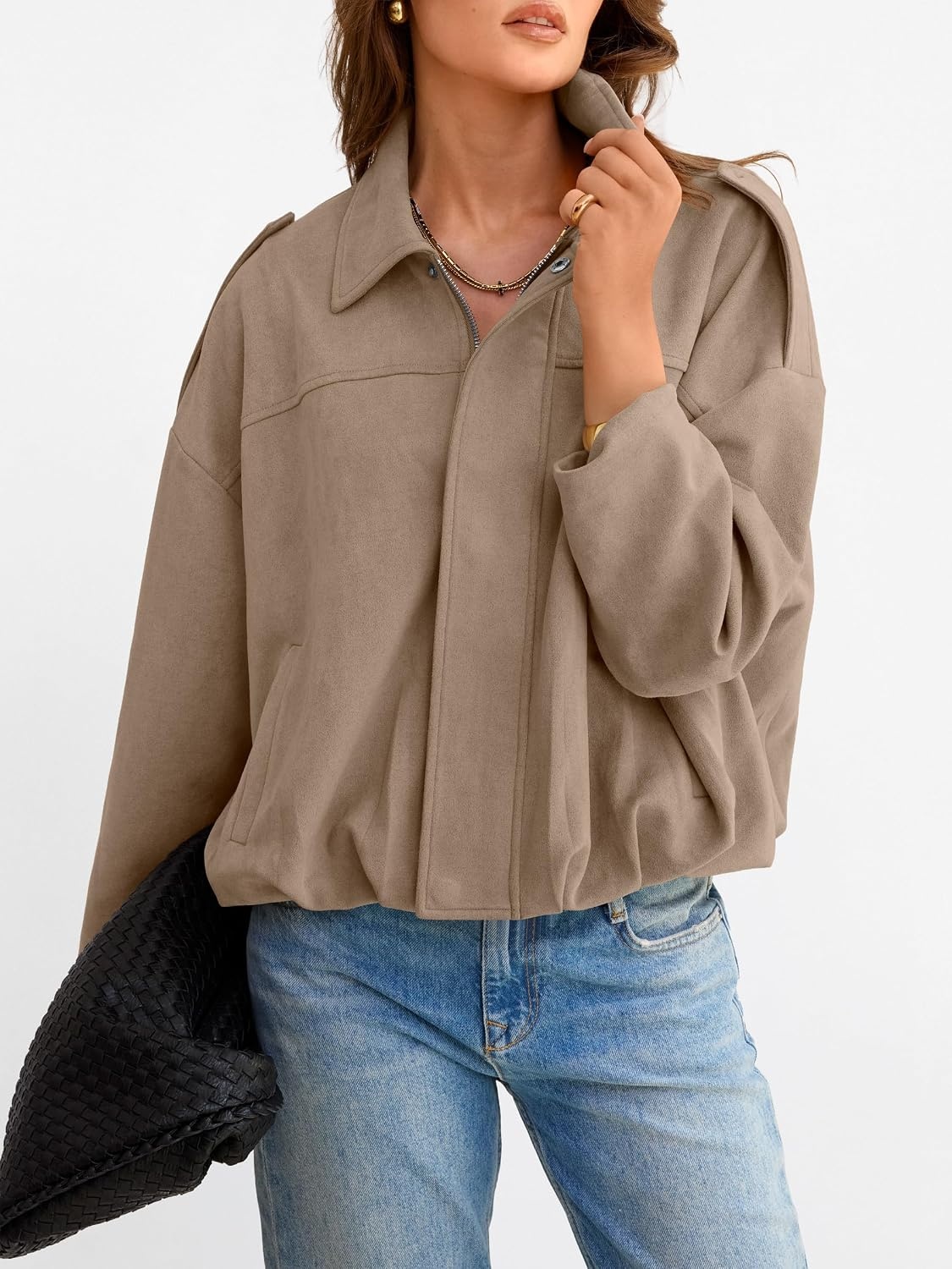 image:imageANRABESS Womens Oversized Faux Suede Cropped Bomber JacketKhaki