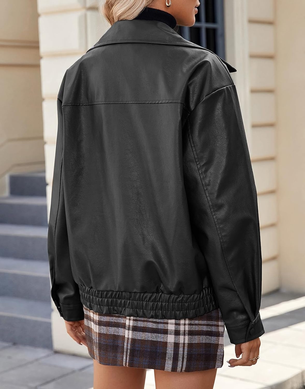 image:imageAmerican Trends Womens Faux Leather Jackets Oversized Motorcycle Bomber Coats Fall Spring Fashion Clothes Winter OutfitsBlack