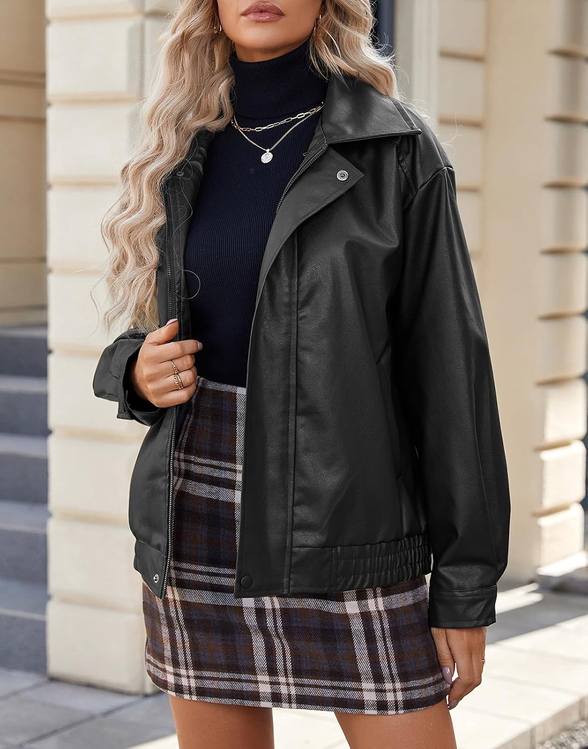 image:imageAmerican Trends Womens Faux Leather Jackets Oversized Motorcycle Bomber Coats Fall Spring Fashion Clothes Winter OutfitsBlack