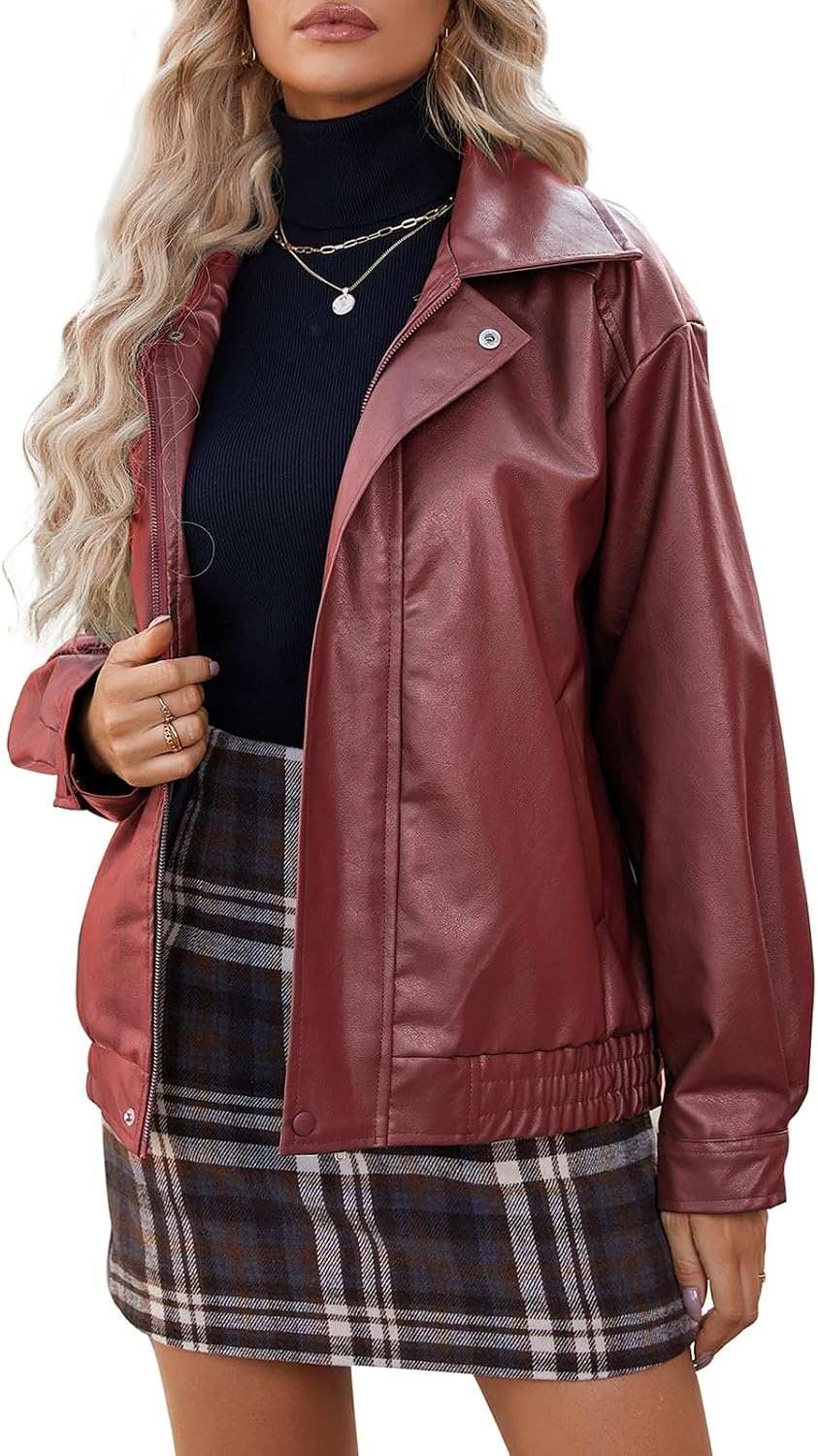 image:imageAmerican Trends Womens Faux Leather Jackets Oversized Motorcycle Bomber Coats Fall Spring Fashion Clothes Winter OutfitsWine Red