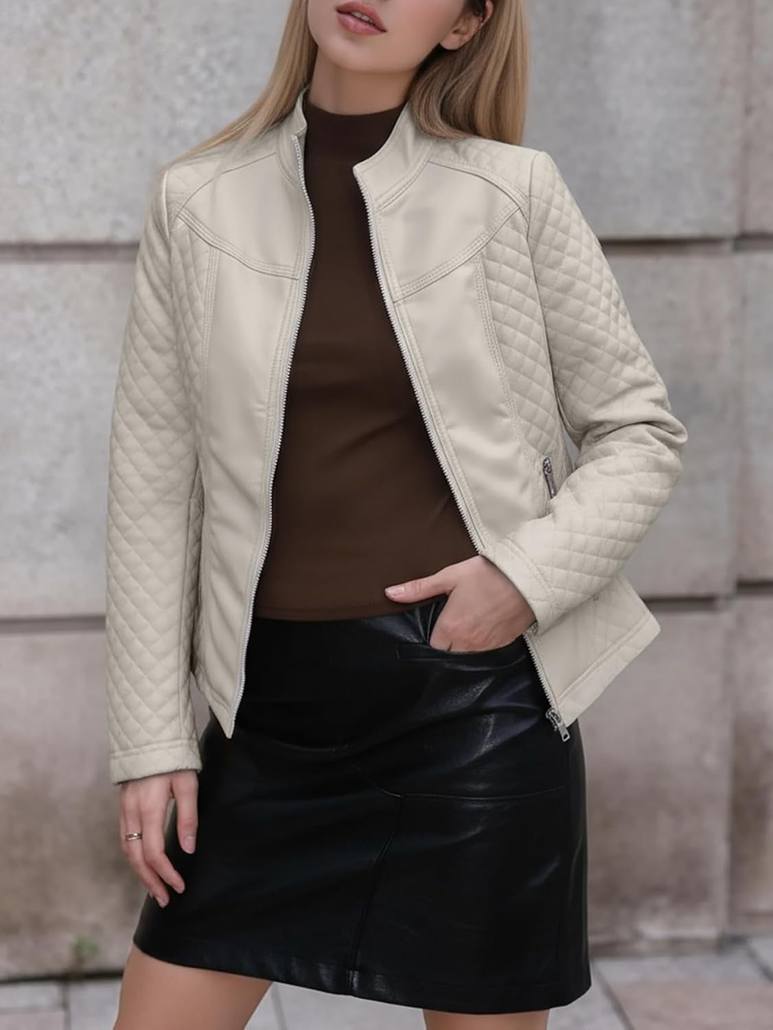 image:imageBellivera Faux Leather Women Motorcycle Stand Collar JacketBeige Casual Jacket