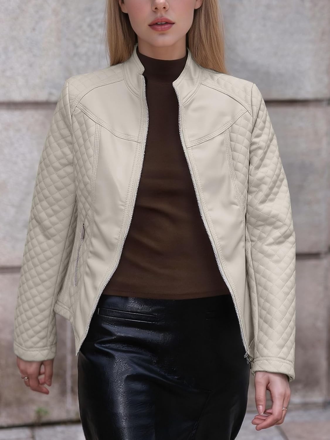 image:imageBellivera Faux Leather Women Motorcycle Stand Collar JacketBeige Casual Jacket