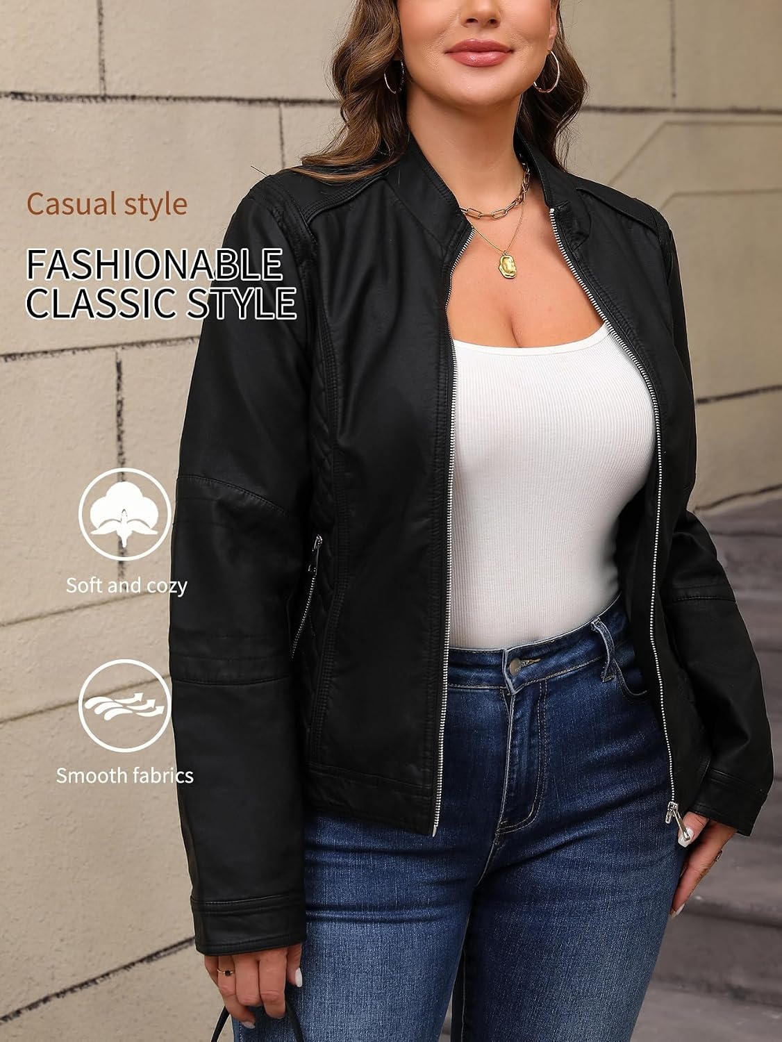 image:imageBellivera Faux Leather Women Motorcycle Stand Collar JacketBlack