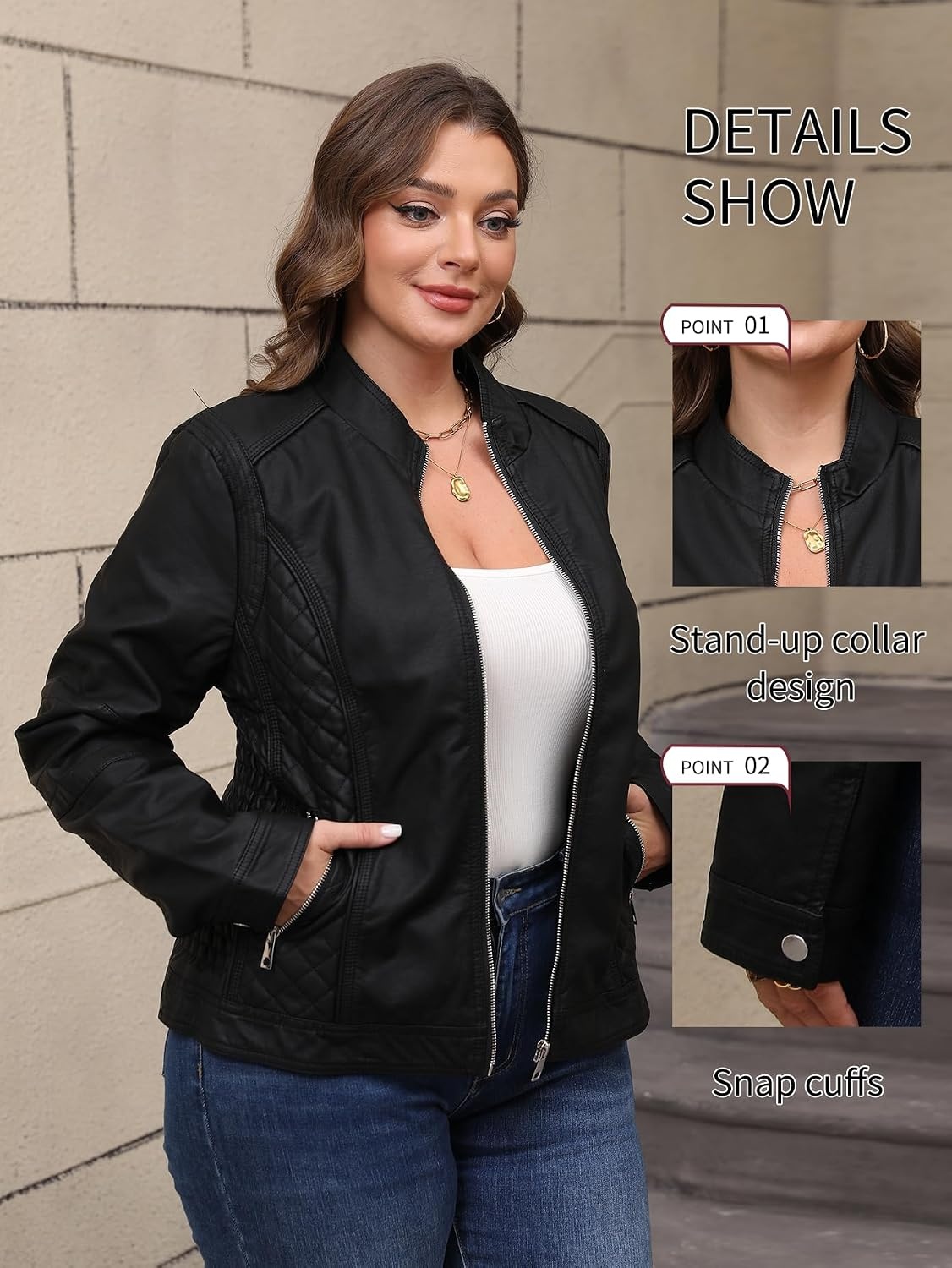image:imageBellivera Faux Leather Women Motorcycle Stand Collar JacketBlack