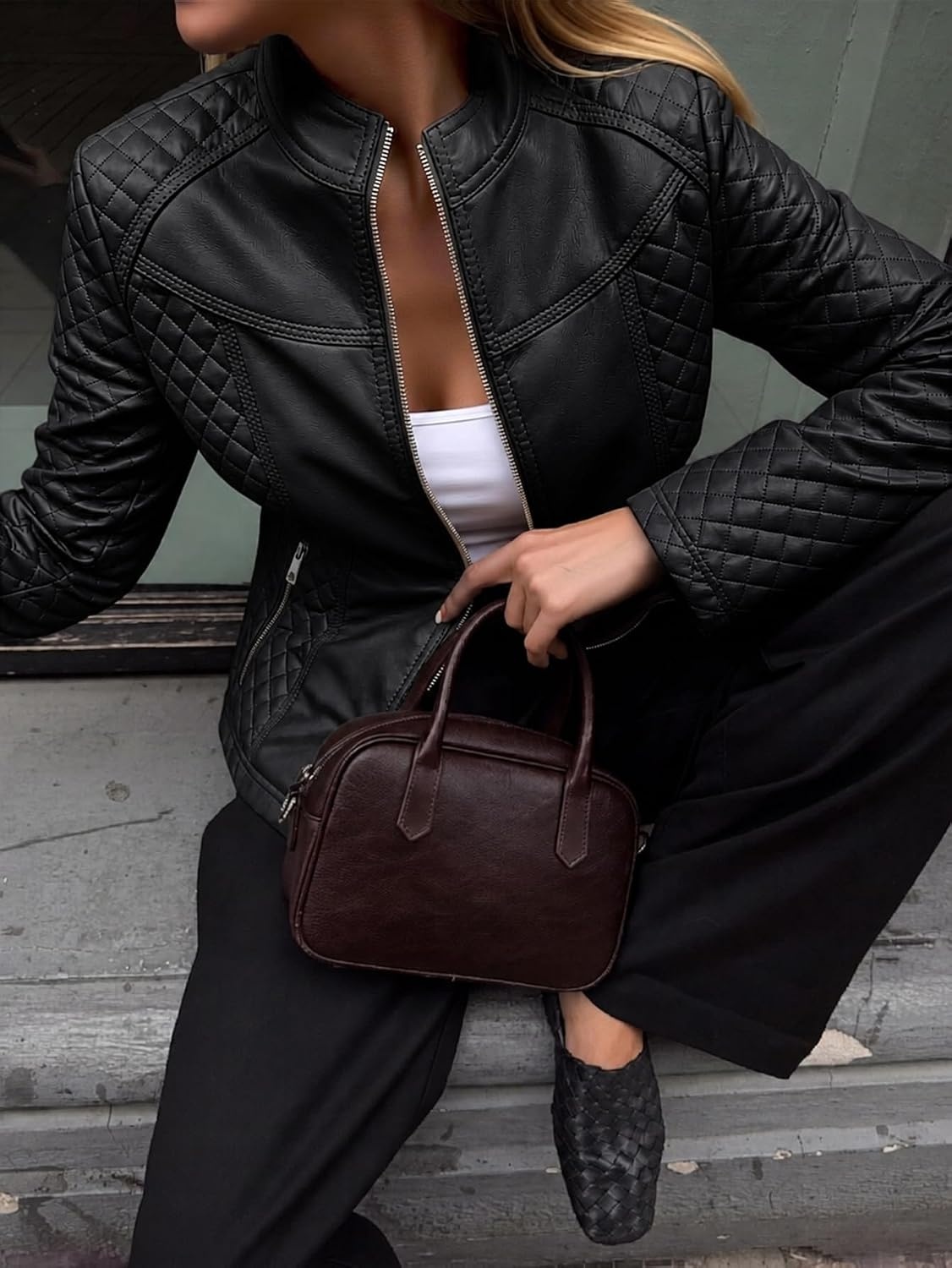 image:imageBellivera Faux Leather Women Motorcycle Stand Collar JacketBlack Casual Jacket