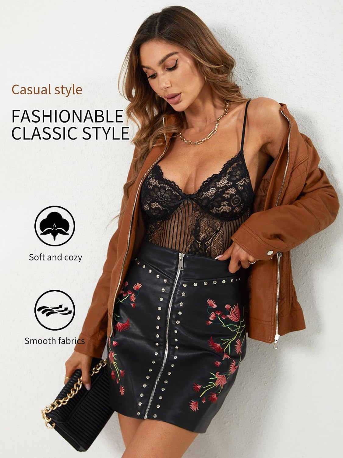 image:imageBellivera Faux Leather Women Motorcycle Stand Collar JacketBrown