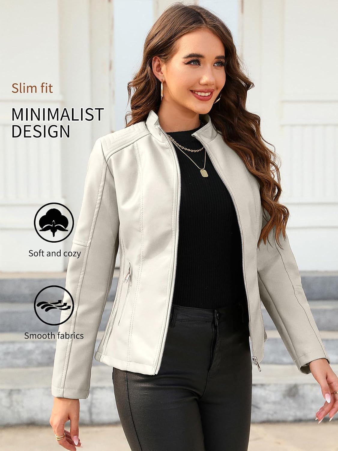 image:imageBellivera Faux Leather Women Motorcycle Stand Collar JacketCoal Beige