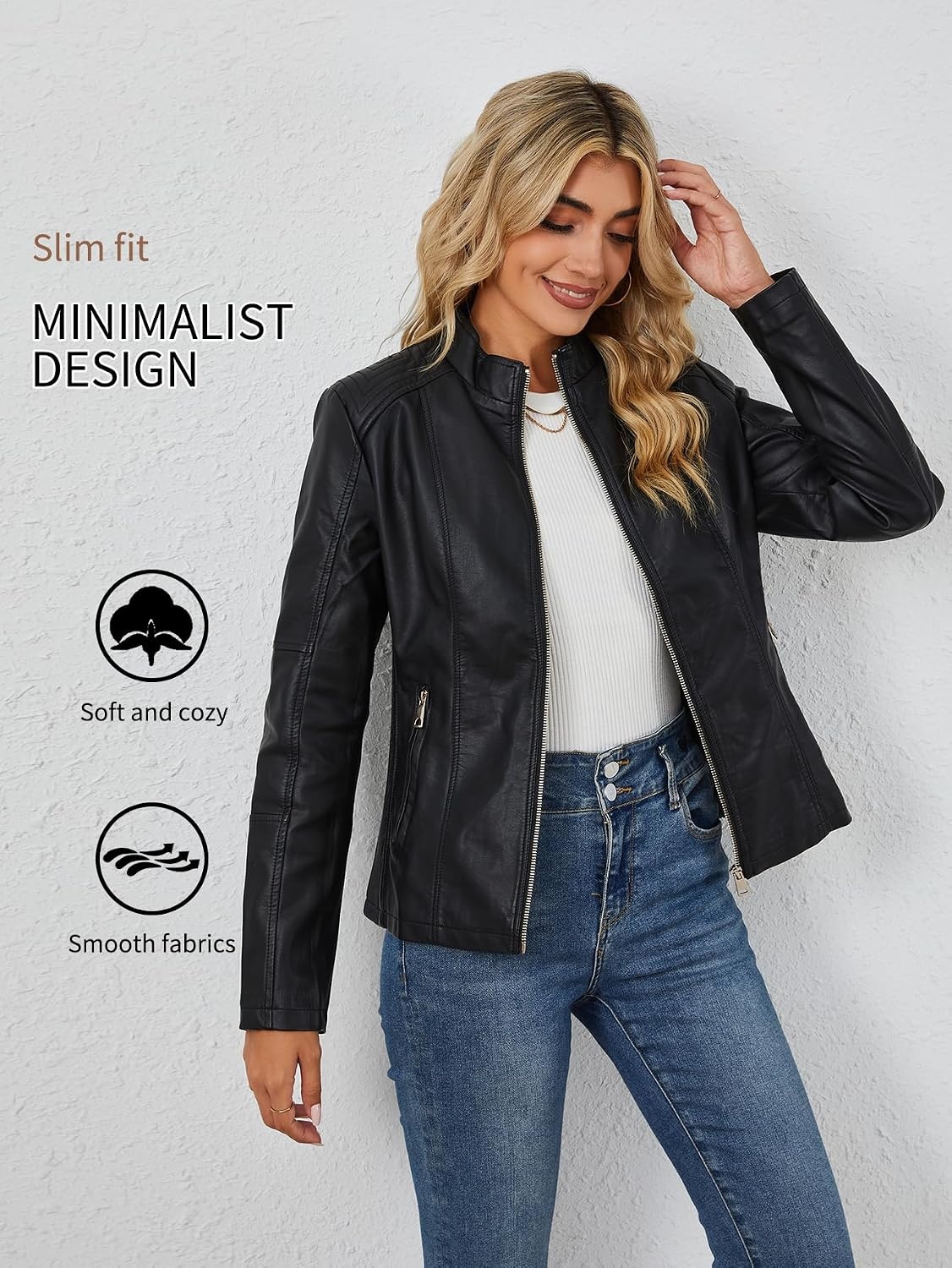 image:imageBellivera Faux Leather Women Motorcycle Stand Collar JacketCoal Black