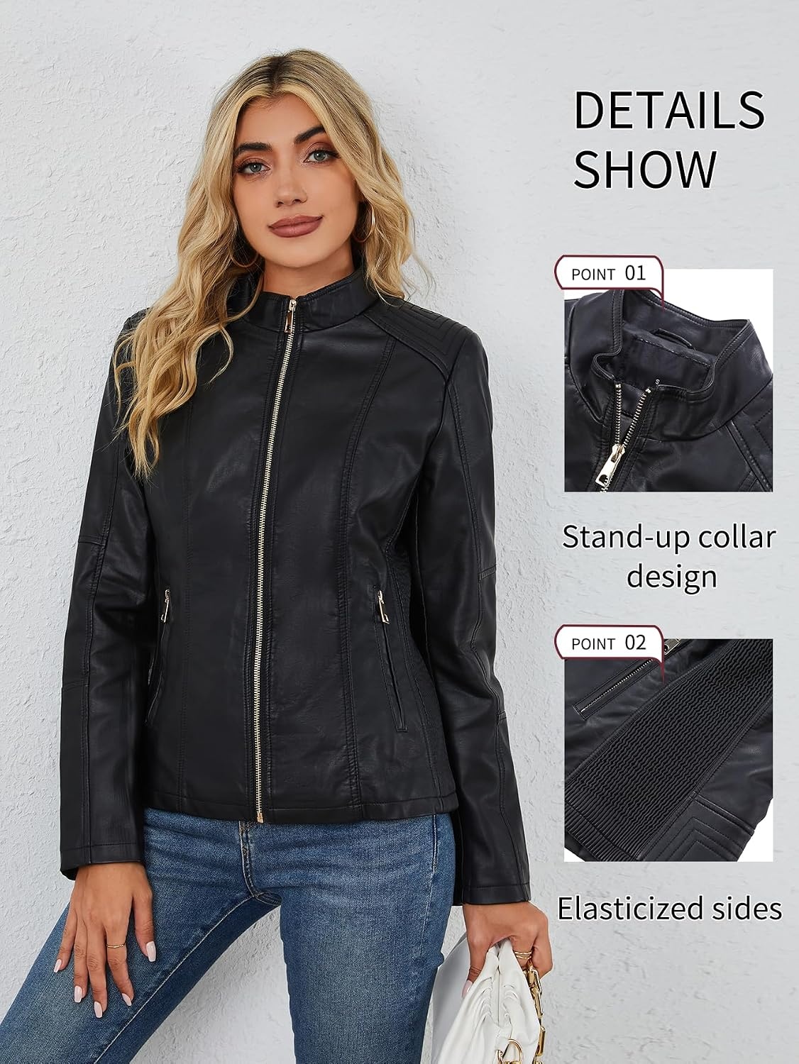 image:imageBellivera Faux Leather Women Motorcycle Stand Collar JacketCoal Black