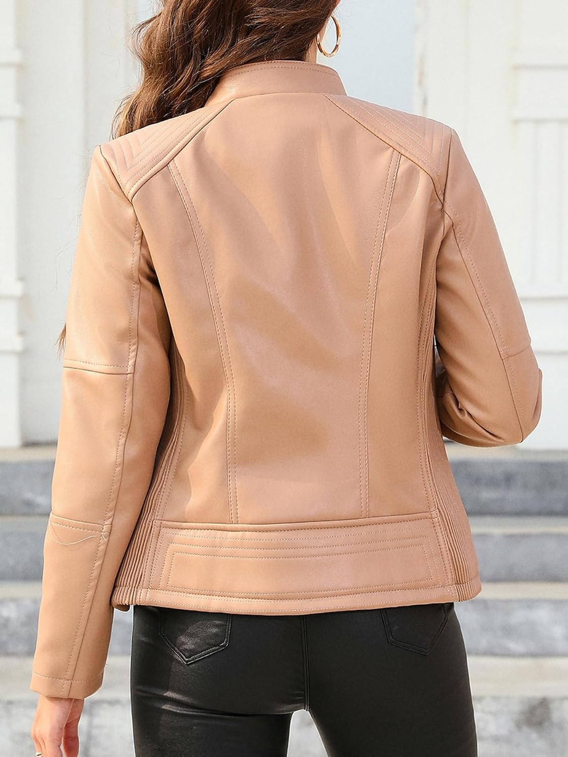 image:imageBellivera Faux Leather Women Motorcycle Stand Collar JacketCoal Normal Khaki