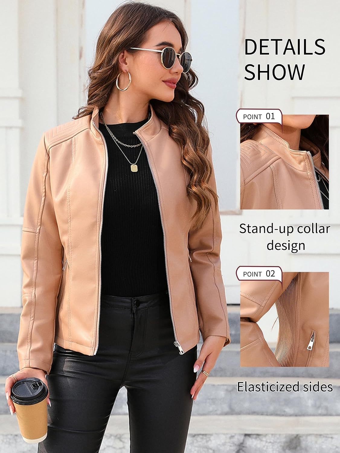 image:imageBellivera Faux Leather Women Motorcycle Stand Collar JacketCoal Normal Khaki